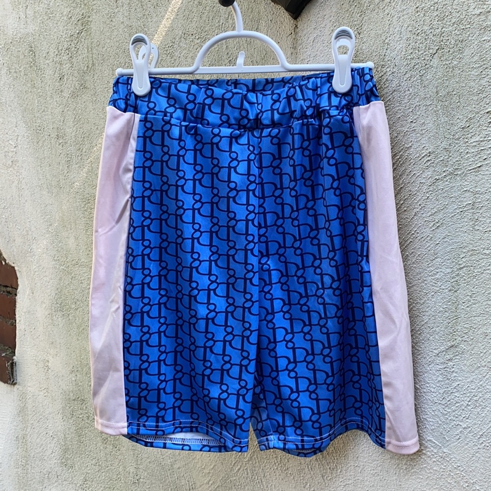 Blue Pattern Biker Shorts White Stripes
